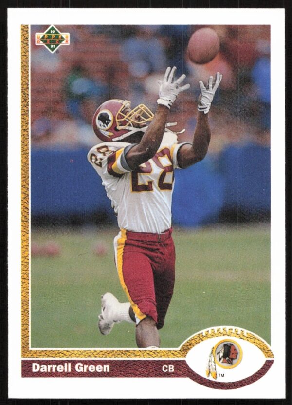 Darrell Green 1991 Upper Deck football card #438, Washington Redskins cornerback, action shot.