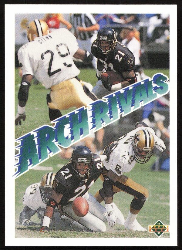 1991 Upper Deck card featuring Deion Sanders and Vencie Glenn on the field.