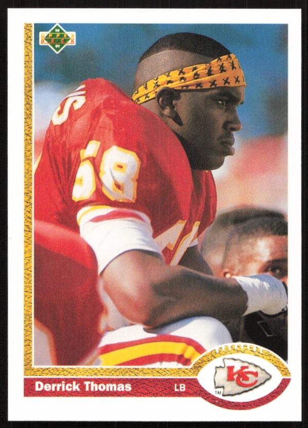 Derrick Thomas 1991 Upper Deck #165 card featuring Kansas City Chiefs linebacker in action.