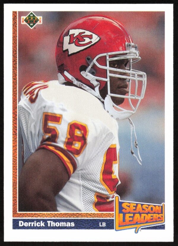Derrick Thomas 1991 Upper Deck card #404, Kansas City Chiefs linebacker action pose.