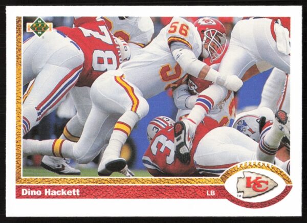 Dino Hackett 1991 Upper Deck card, Kansas City Chiefs linebacker action shot.
