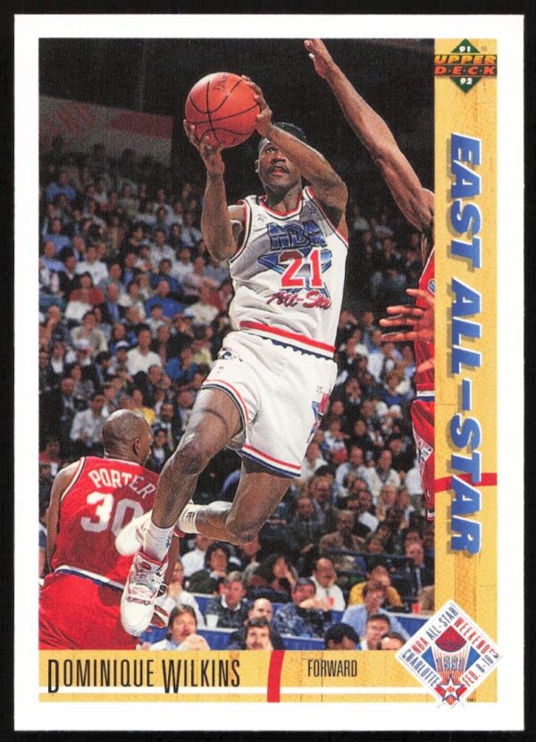 Dominique Wilkins 1991 Upper Deck basketball card #66 front, showcasing his dunking prowess.