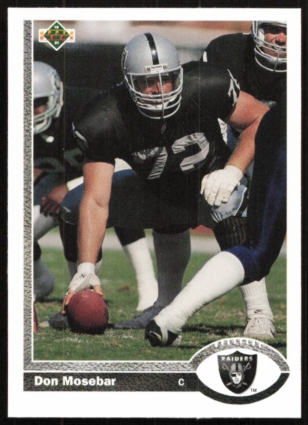 Front of 1991 Upper Deck Don Mosebar #427 football card in Raiders uniform.