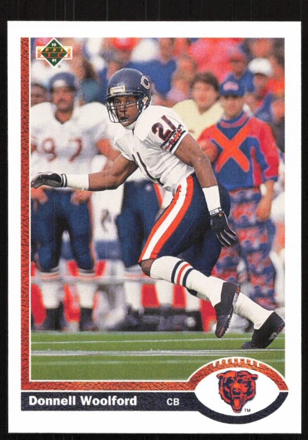 NFL player Donnell Woolford in action, 1991 Upper Deck card #505, Chicago Bears uniform.