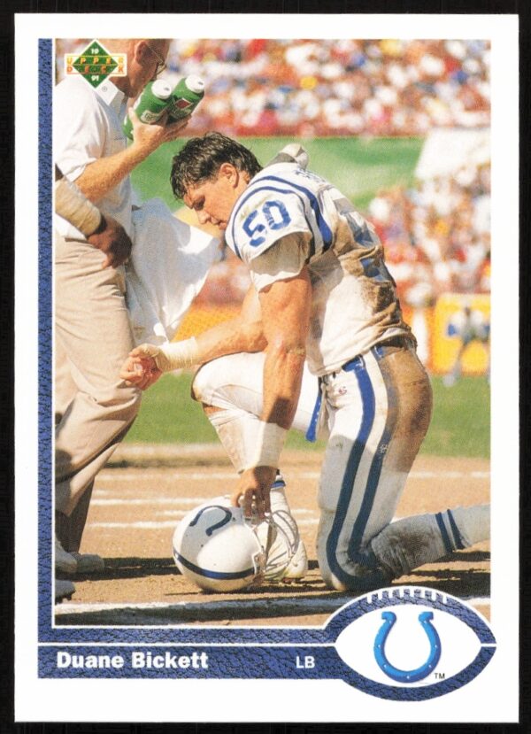 1991 Upper Deck card featuring Duane Bickett of the Indianapolis Colts in action.
