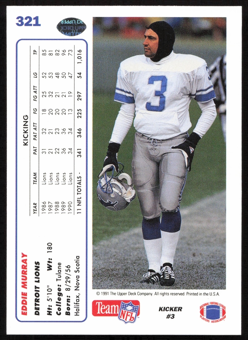 Back of 1991 Upper Deck Eddie Murray card, #321, showing stats and career highlights.