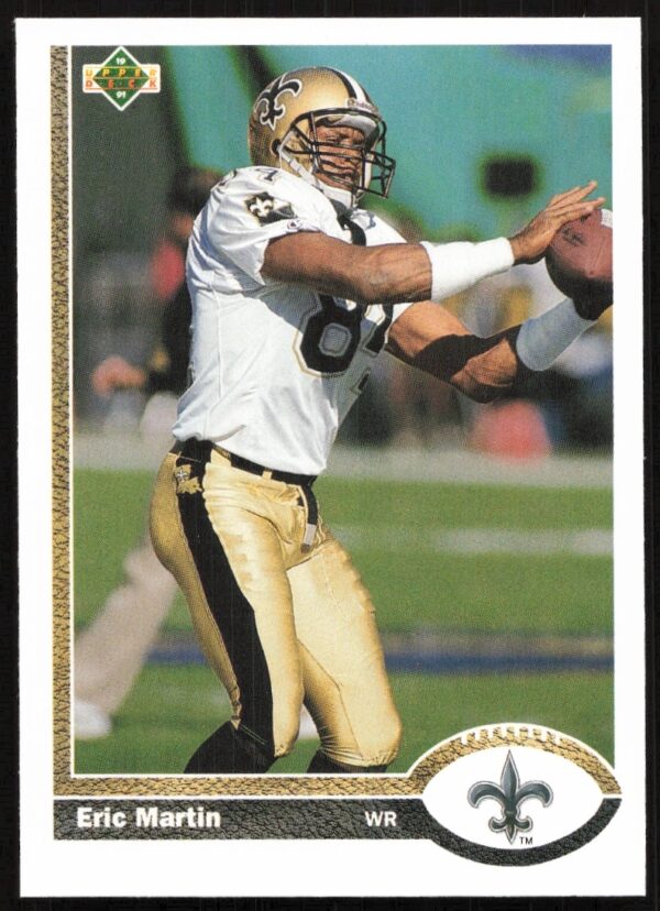 Action shot of Eric Martin in Saints uniform, 1991 Upper Deck card #250 front.