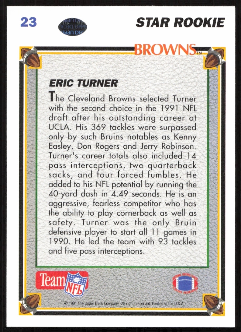 Back of 1991 Upper Deck Eric Turner card showcasing player stats and team details.