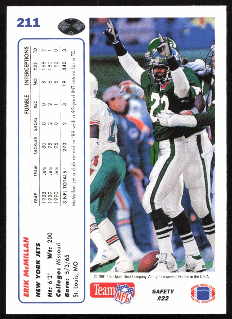 Erik McMillan 1991 Upper Deck card back with bio and stats.