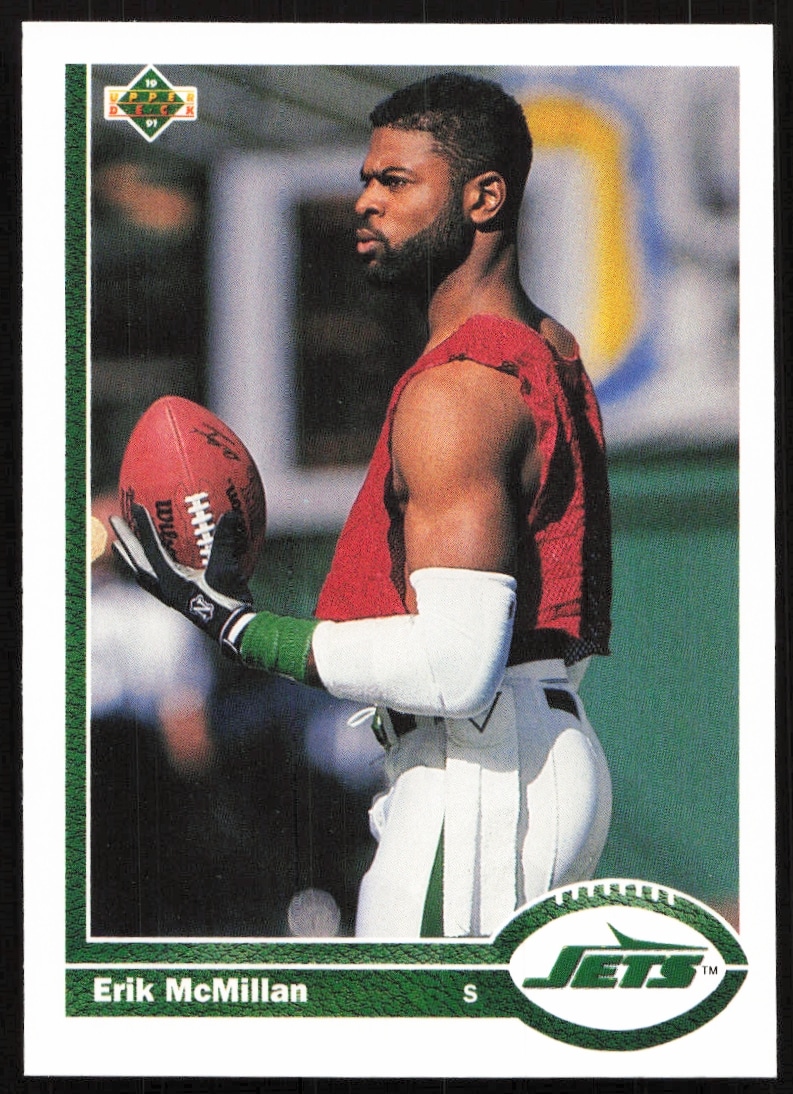 1991 Upper Deck Erik McMillan football card #211, showcasing defensive NFL legacy.