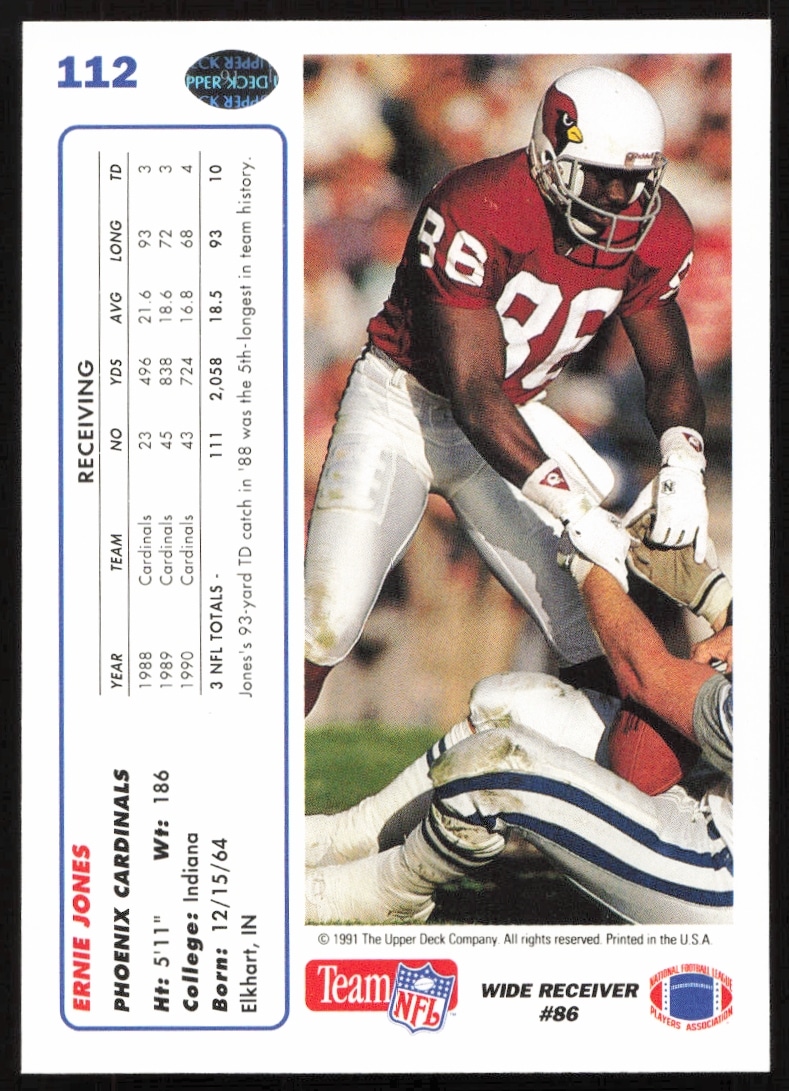 Ernie Jones 1991 Upper Deck Card Back - Stats, Bio, Team Info #112.