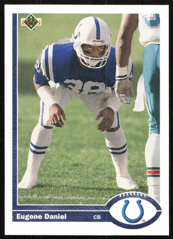 Close-up of Eugene Daniel in action, 1991 Upper Deck football card #527.