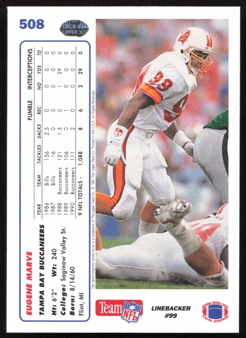 Eugene Marve 1991 Upper Deck Card Back: NFL stats, career highlights, Buffalo Bills logo.