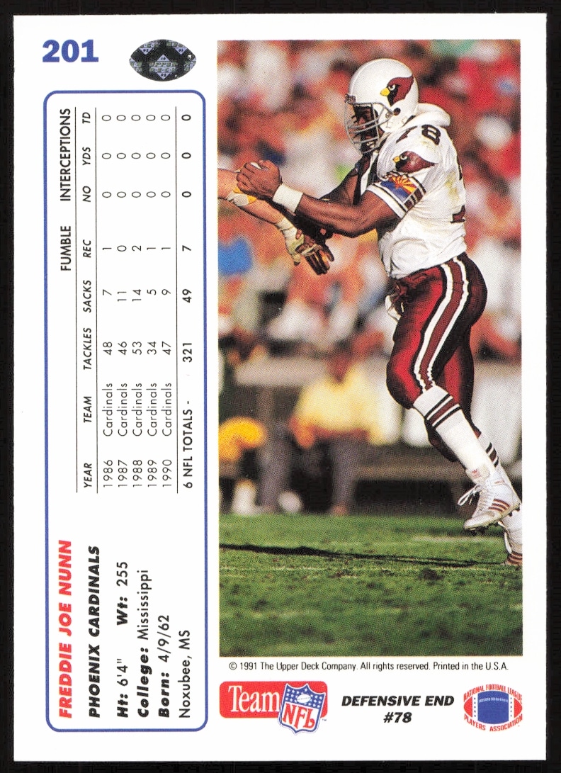 Back of 1991 Upper Deck Freddie Joe Nunn card #201 with stats and team info.