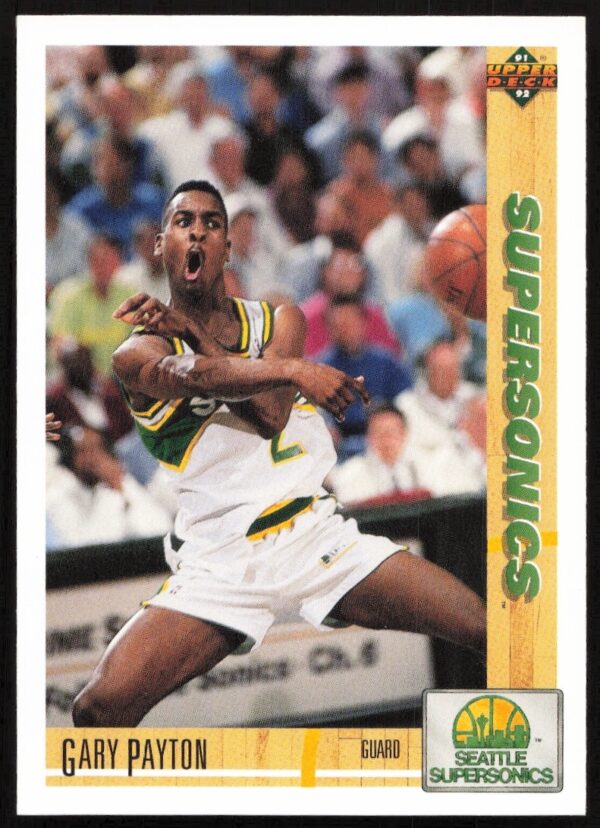 Gary Payton Rookie Card 1991 Upper Deck #153, Seattle SuperSonics Uniform, Basketball Action Shot