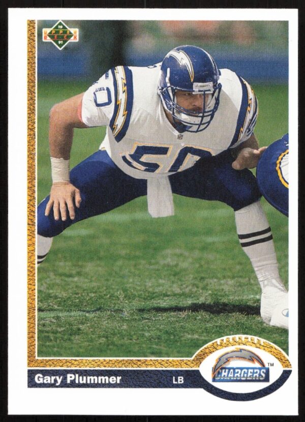 Gary Plummer 1991 Upper Deck football card, San Francisco 49ers linebacker in action.