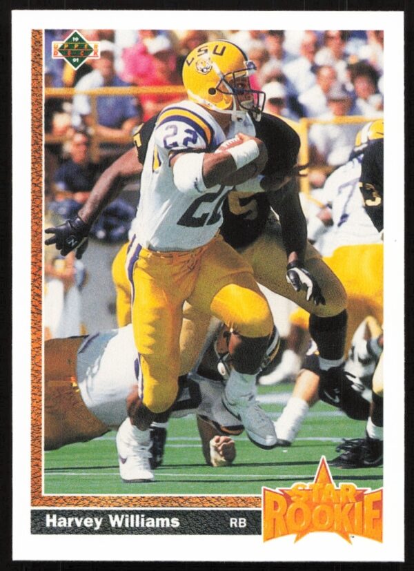 1991 Upper Deck Harvey Williams football card #27 features an action shot of him playing.