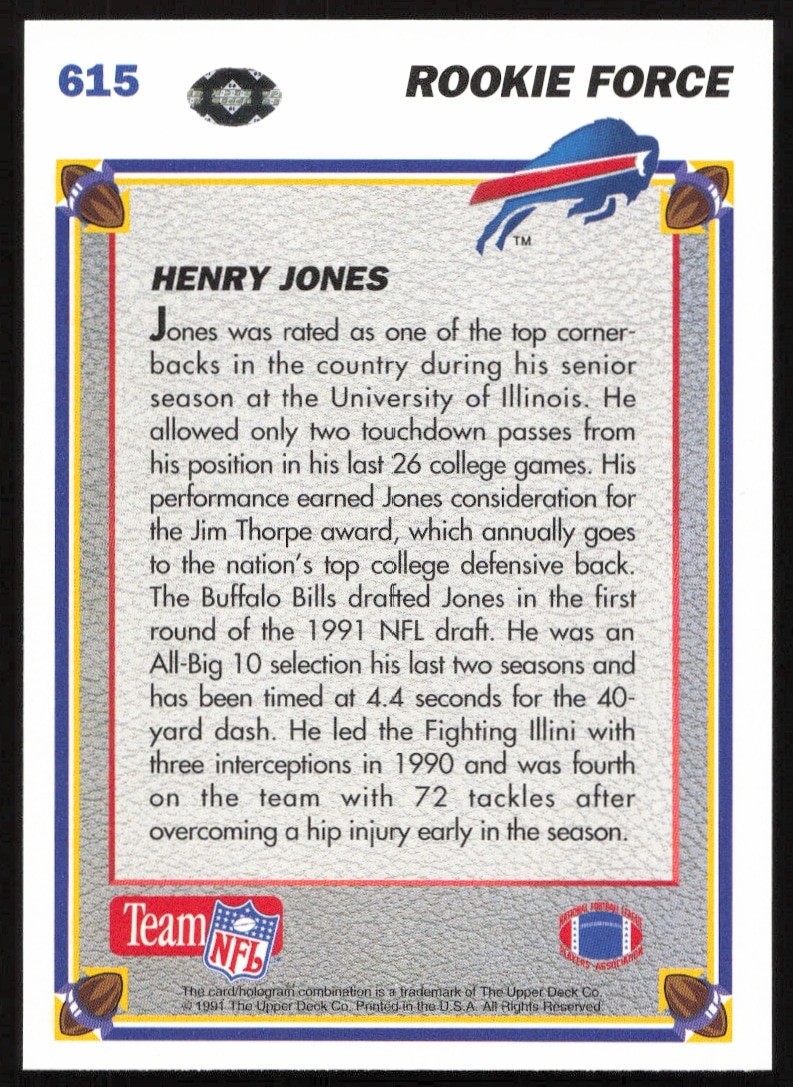 1991 Upper Deck Henry Jones football card, back showing stats and biography, card #615.