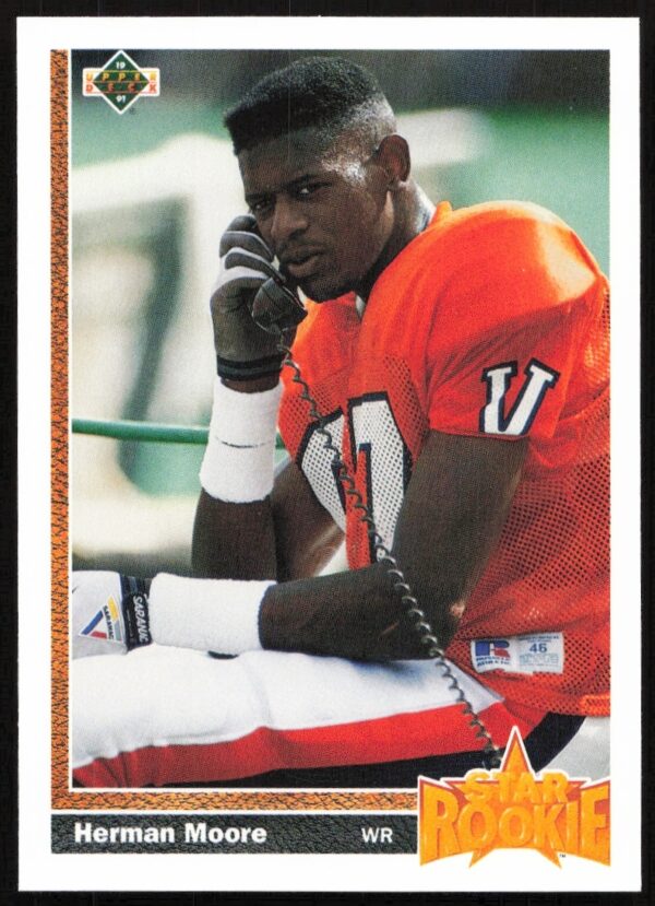 Herman Moore 1991 Upper Deck Rookie Card #17 in Detroit Lions uniform action shot.