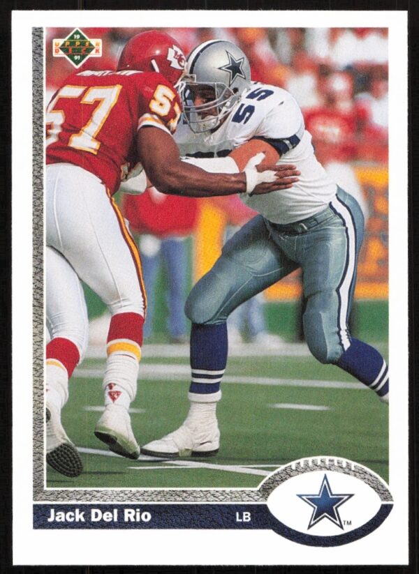 Front view of 1991 Upper Deck trading card with NFL linebacker Jack Del Rio in action.