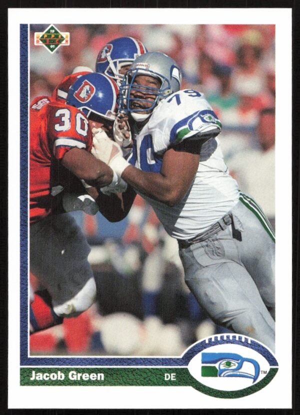 1991 Upper Deck Jacob Green football card #336, showcasing vibrant 90s Seahawks design.