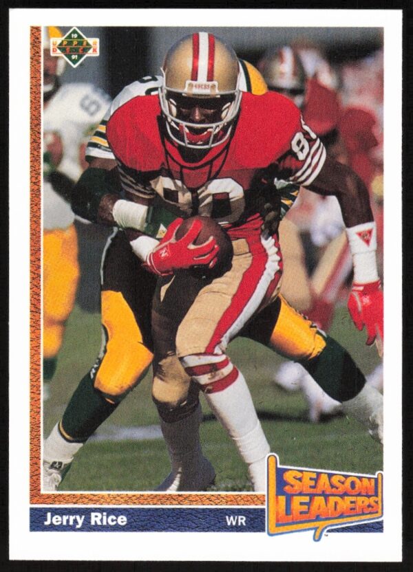 1991 Upper Deck Jerry Rice sports card front showcasing legendary 49ers wide receiver in action.