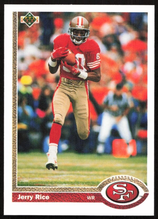 Jerry Rice in action, 1991 Upper Deck card #57, San Francisco 49ers uniform.