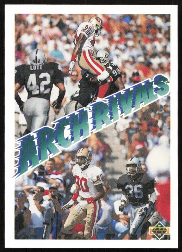 1991 Upper Deck card featuring Jerry Rice and Terry McDaniel in action, stadium background.