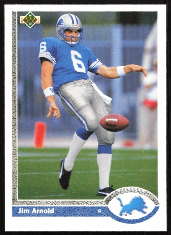 1991 Upper Deck Jim Arnold football card, showing him punting in team uniform.