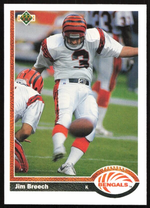 Jim Breech 1991 Upper Deck Football Card #202 - Cincinnati Bengals Kicker in Action.