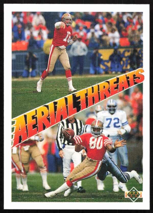 1991 Upper Deck trading card featuring NFL legends Joe Montana and Jerry Rice in action.