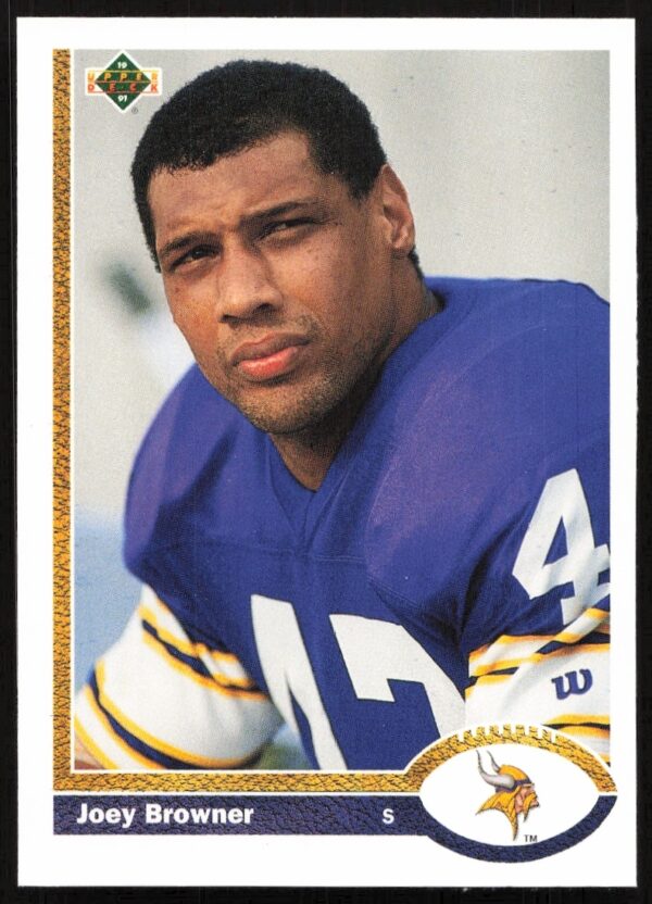 Joey Browner 1991 Upper Deck football card #52, showing him in action with the Vikings.