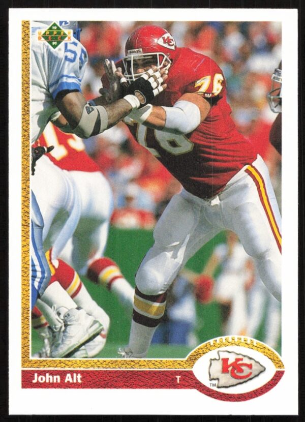 1991 Upper Deck John Alt Football Card #198, Kansas City Chiefs, action pose.