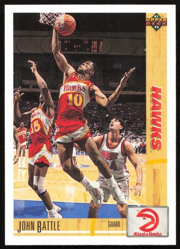 Front of 1991 Upper Deck card featuring basketball player John Battle in action, #388.