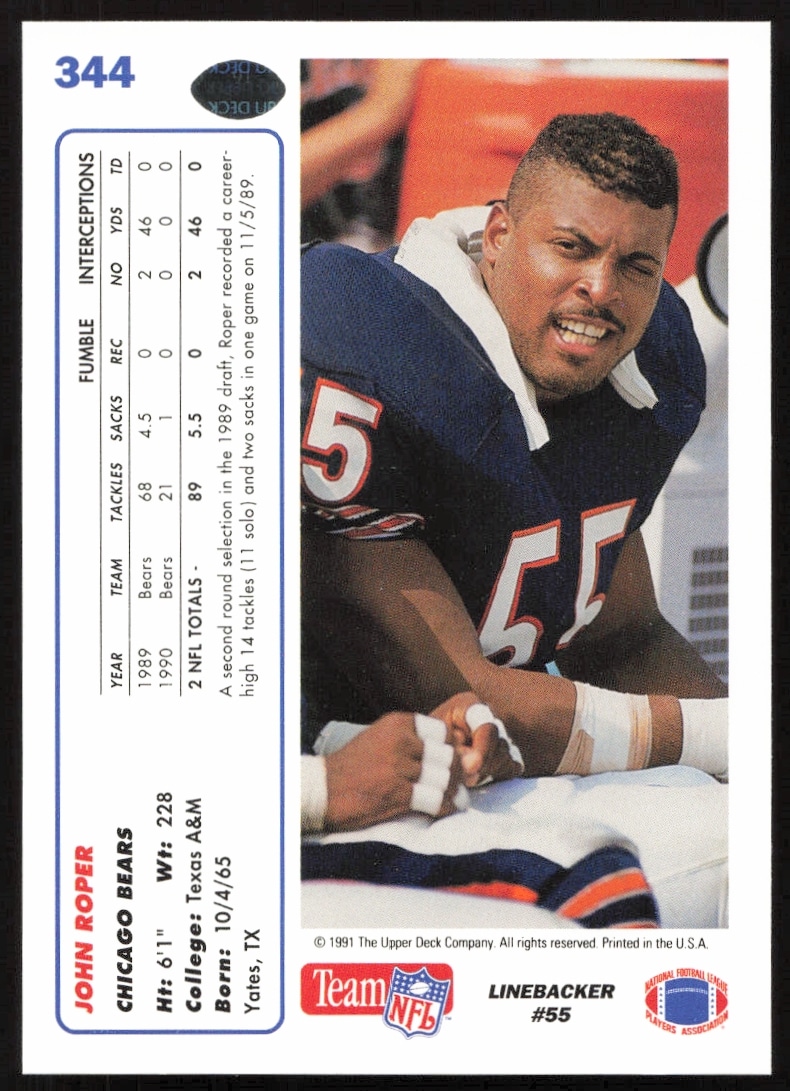 John Ropers 1991 Upper Deck card back, featuring stats, bio, and Reds logo.