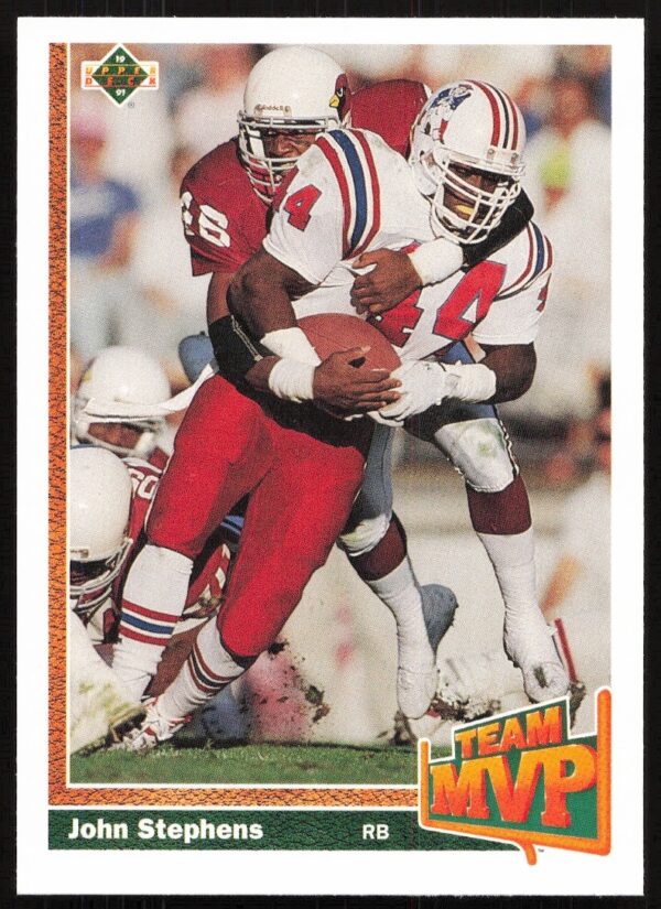John Stephens 1991 Upper Deck trading card, #467, athlete poised with football.