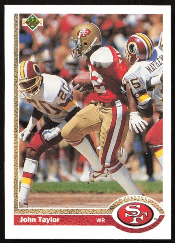 1991 Upper Deck John Taylor, San Francisco 49ers, NFL collectible card #121, game action.
