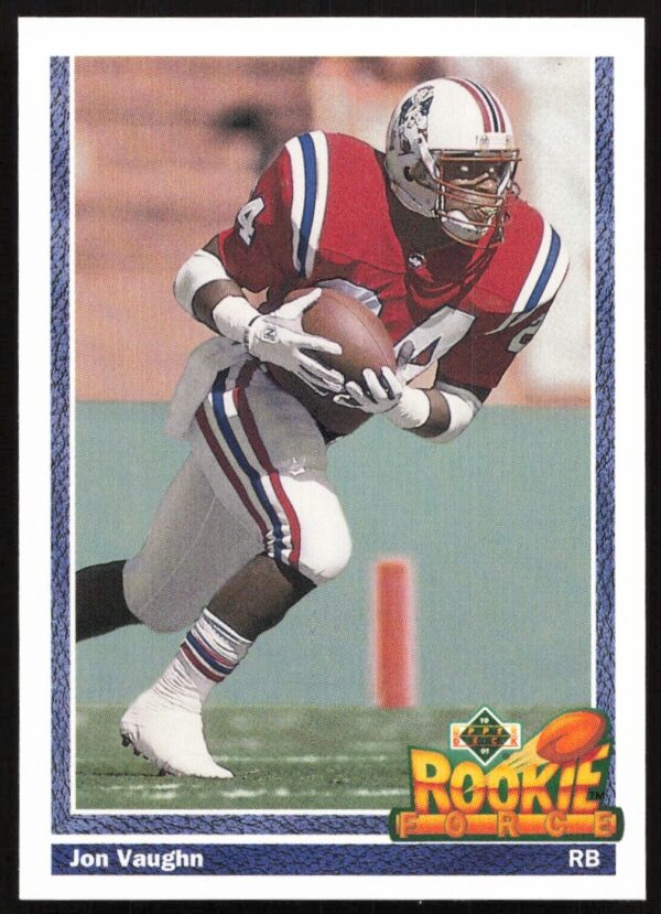 Jon Vaughn 1991 Upper Deck football card, featuring action shot and team stats.