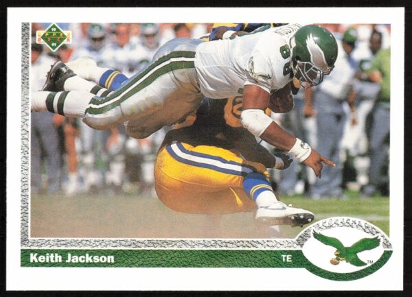 1991 Upper Deck card of Keith Jackson, Philadelphia Eagles, NFL action shot, card #127.