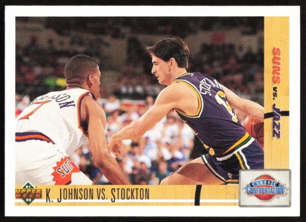 1991 Upper Deck card featuring NBA stars Kevin Johnson and John Stockton, #32, vibrant imagery.