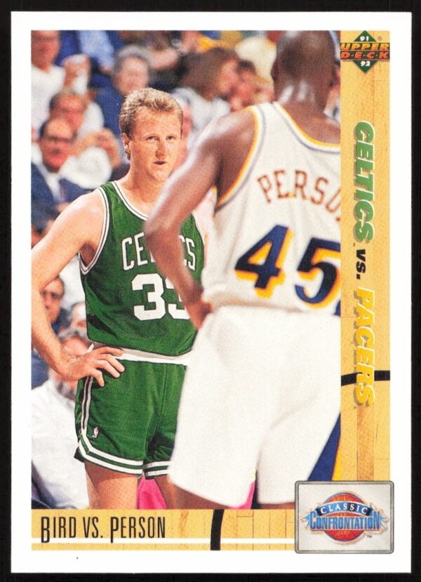 1991 Upper Deck card of NBA legends Larry Bird and Chuck Person in action.