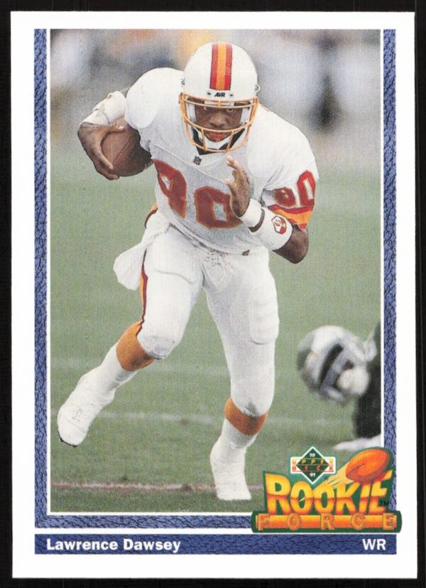 Lawrence Dawsey 1991 Upper Deck football card #629, Tampa Bay Buccaneers, action shot.