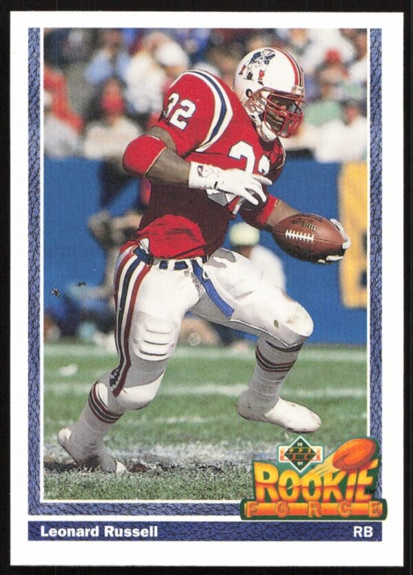 Leonard Russell 1991 Upper Deck football card, #622, in action with vibrant team colors.