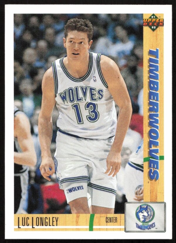 Luc Longley 1991 Upper Deck card showcasing Minnesota Timberwolves action.