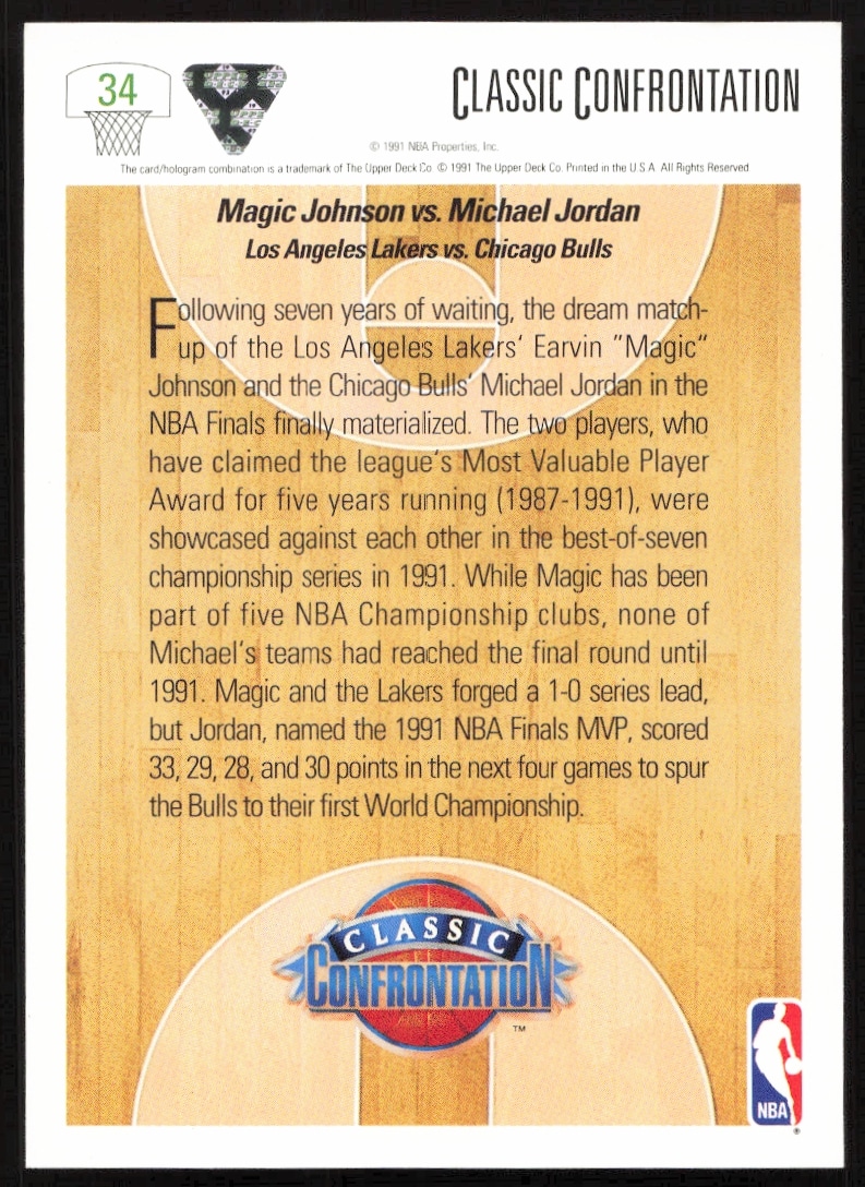 1991 Upper Deck trading card of Magic Johnson and Michael Jordan with stats and bios.