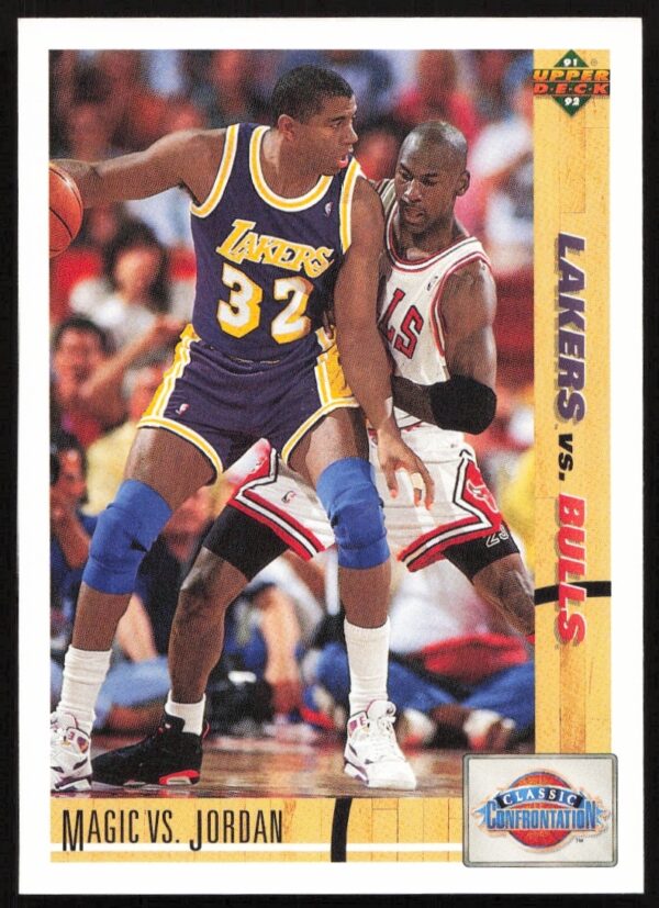 Collectible 1991 Upper Deck card of NBA legends Magic Johnson and Michael Jordan in action.