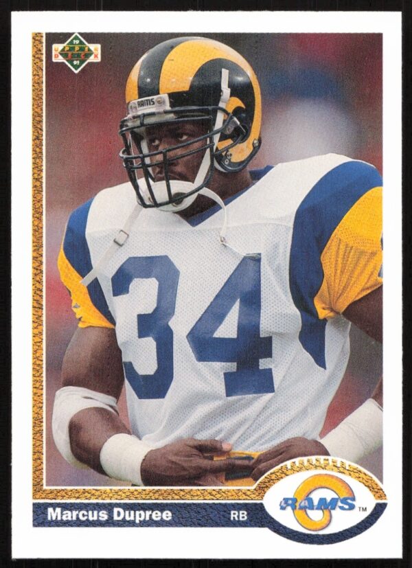 1991 Upper Deck Marcus Dupree football card #499, showcasing dynamic pose and team uniform.