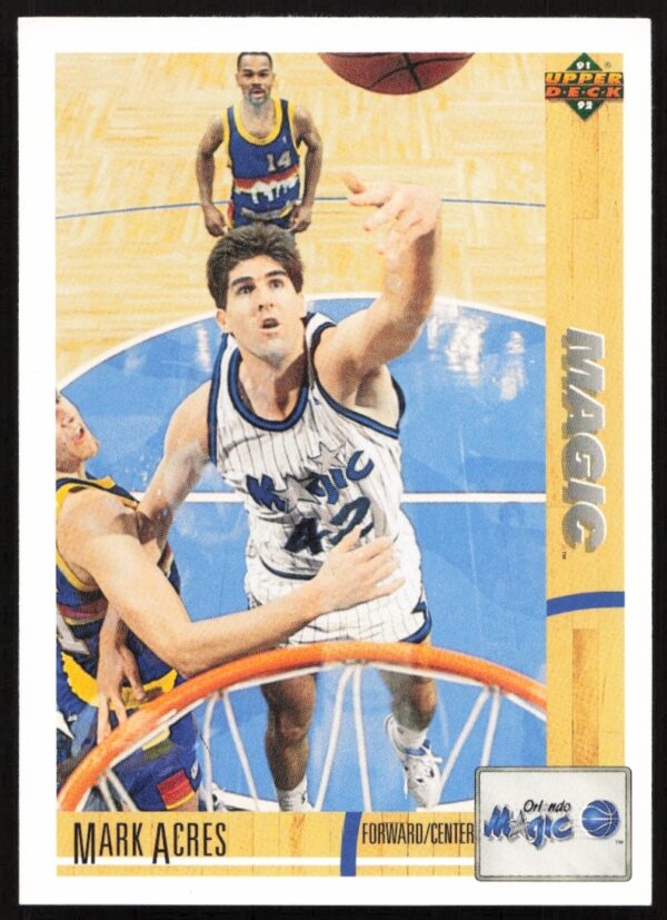 Front of 1991 Upper Deck Mark Acres trading card #201, featuring NBA player in action.