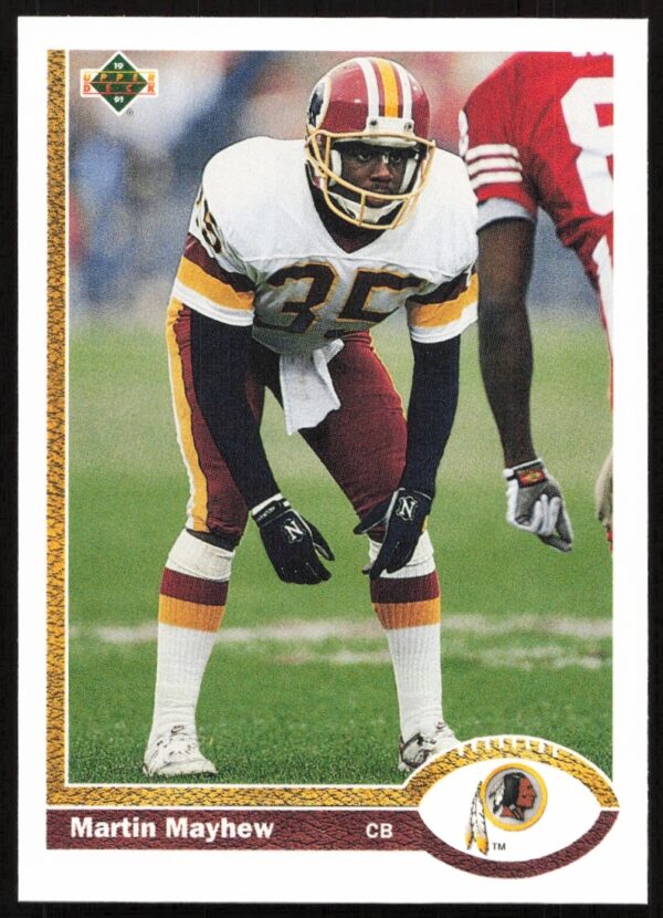 1991 Upper Deck Martin Mayhew Football Card featuring Washington Redskins cornerback in action.