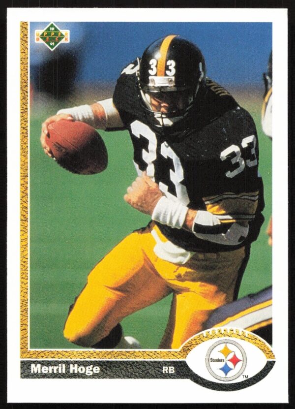 1991 Upper Deck Merril Hoge card #131, Pittsburgh Steelers, action shot.